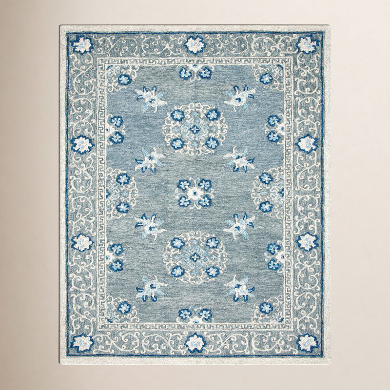 Akins Oriental Handmade Tufted Wool Gray/Ivory Area Rug, Rectangle 4' x 6'
