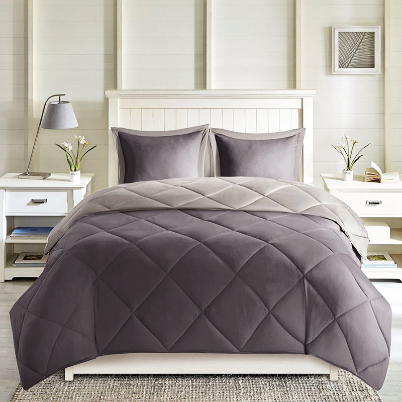 King Size 3M Comforter - , 2 Shams, Grey, Machine Washable Bedding Diamond Quilting Down Alternative, Washable, Grey, Gray
