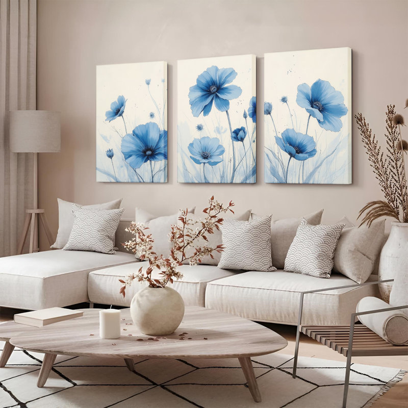"Blue Floral", art mural, reproduction de peinture à l'huile (ensemble de 3), H 18 po x l 36 po