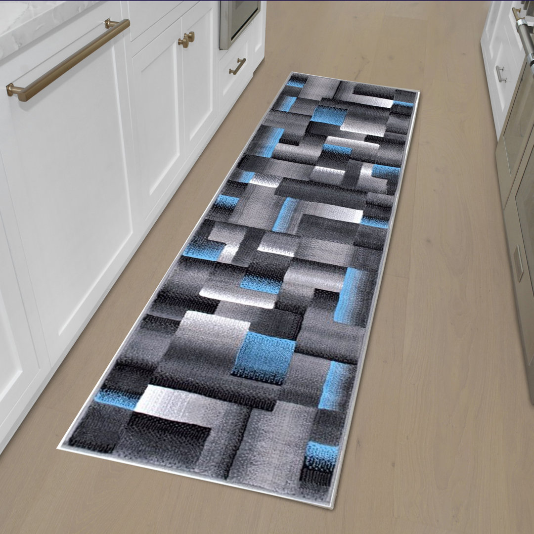 HR-Blue/ Grey/ Silver/ Black/ Abstract Area Rug Modern Contemporary Geometric Cube And Square Design Pattern Carpet (7'8" X10') Ivy Bronx Rug 