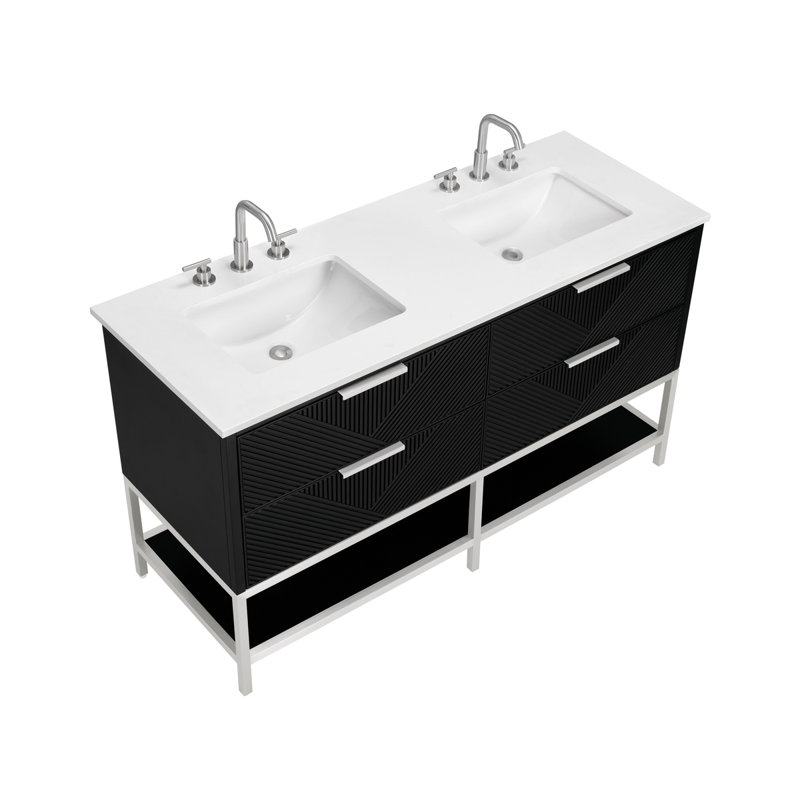 Diamond 60'' W Double Vanity, White Quartz, Charcoal Black, Brushed Nickel