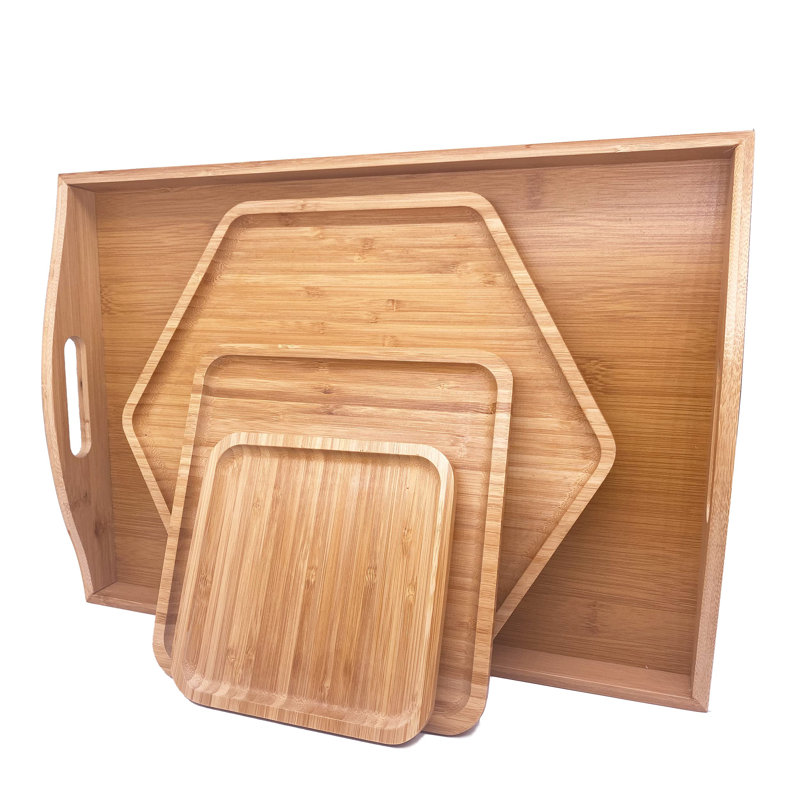 Natural Bamboo Serving Trays Set with Handles, Hexagon and Square Plates