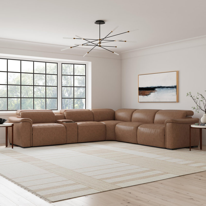 Canapé modulaire 5 places avec console Caldwell, Cuir brun brun