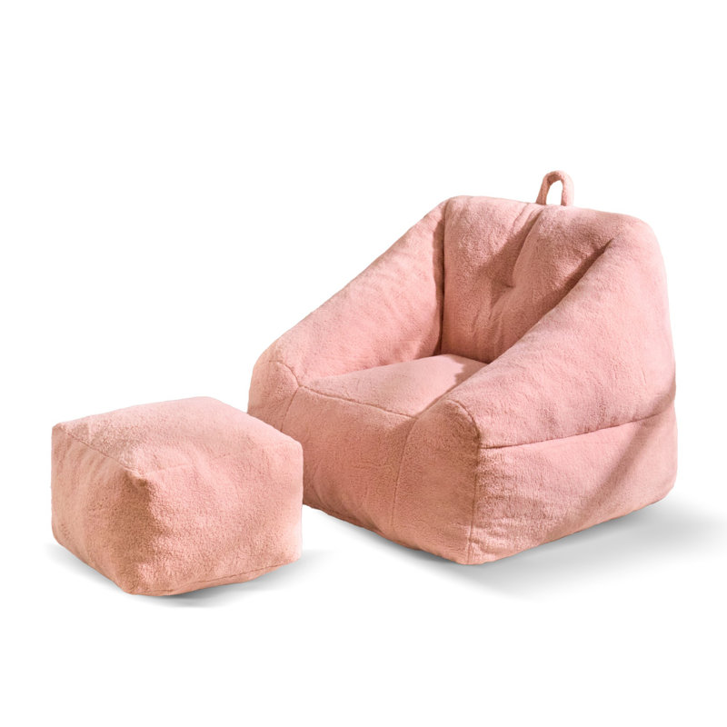Compression 38.5" W Soft Teddy Fabric Foam Filled Bean Bag Chair With Ottoman, Pink Teddy