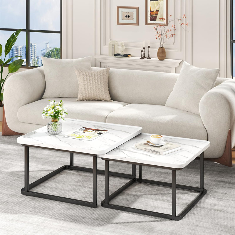 Ensemble de 2 tables basses carrées gigognes (60 cm + 50 cm), petites tables basses carrées cannelées, table centrale moderne