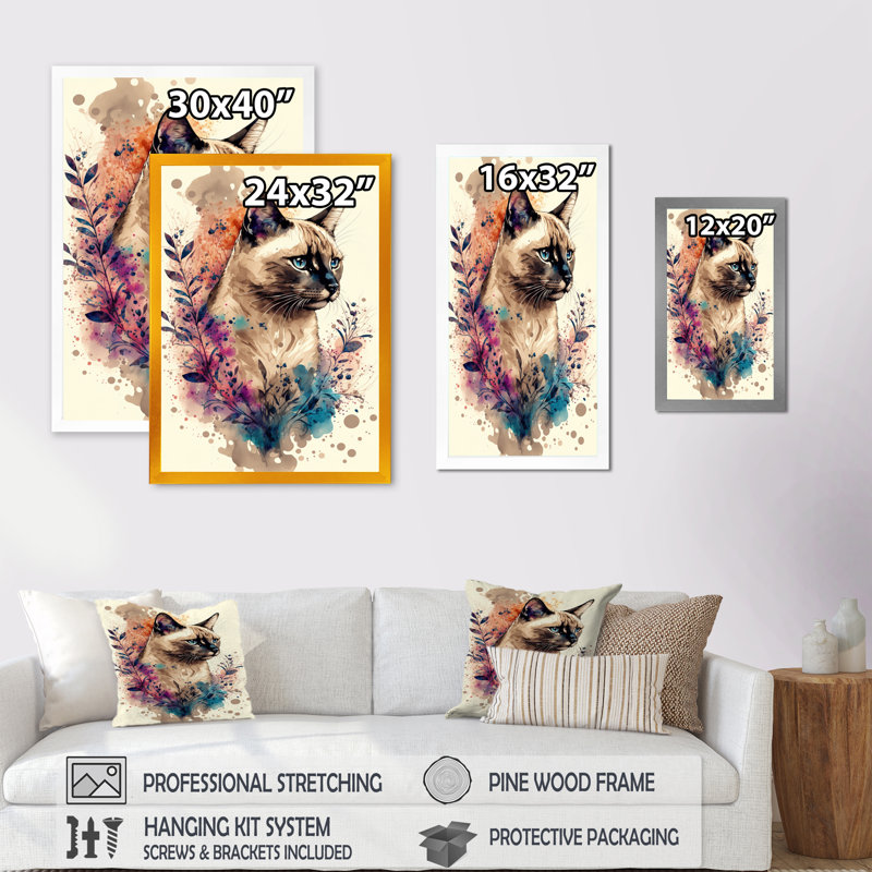 «Cute Siamese Floral III», impression sur toile, Cadre photo noir, H 20 po x l 12 po x P 1 po