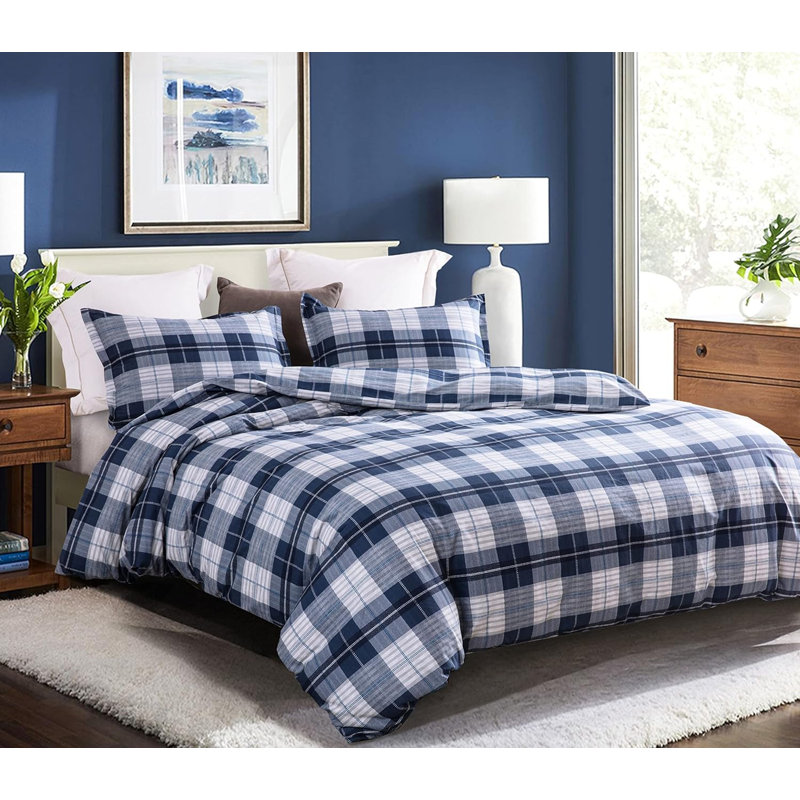 SLEEPBELLA Comforter Queen Size, 600 Thread Count Cotton Navy Blue & Grey Buffalo Pattern Blue Plaid Comforter Sets,Down Alternative Bedding Set 3Pcs (Queen, Navy Plaid)