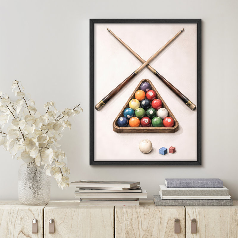Classic Billiards Table Setup Framed Wall Art Prints - Cue Sticks and Pool Balls for Game Room Office, H 10 po x l 8 po