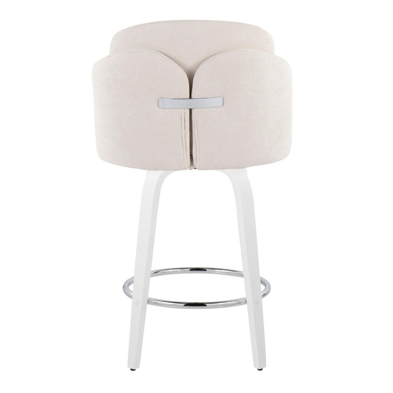 Tabouret de comptoir à hauteur fixe avec pivot en bois blanc et tissu crème avec repose-pieds rond chromé - ensemble de 2