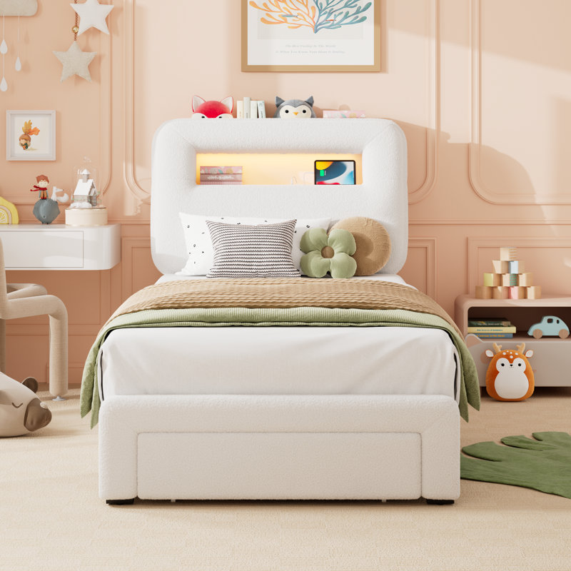 Structure de lit tapissier, lit de rangement avec DEL et station de charge, Lit simple