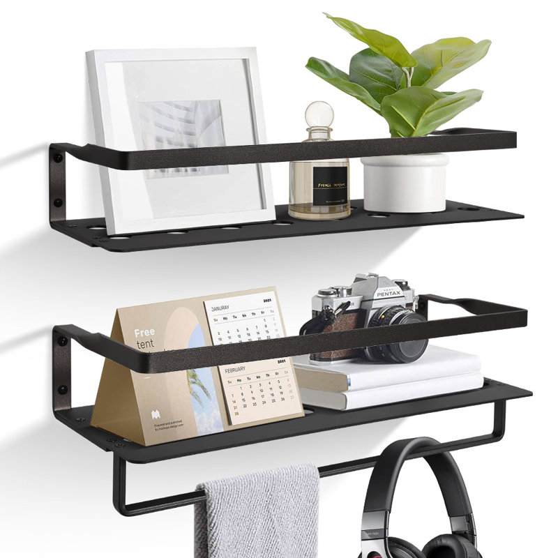 Nachmen 2 Piece Aluminum Floating Shelf with Towel Bar, Black