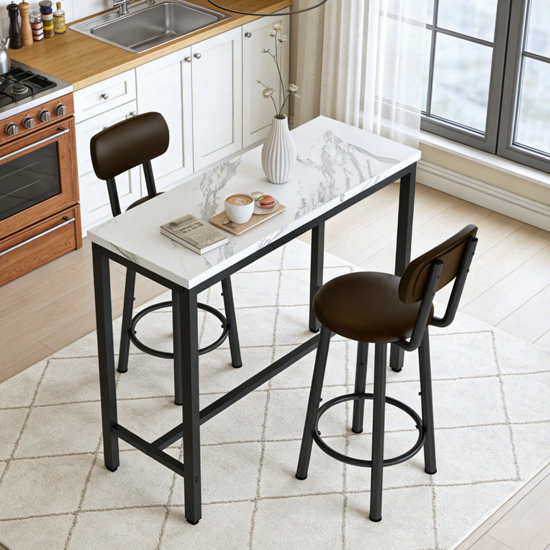 Faux Marble Pub Height Table Set For 2, 3-Piece Rectangular Bar Table And Chairs Set, Space-Saving Counter Height Bistro Table Set With 2 PU Upholstered Stools, Backrest & Footrest For Kitchen, Bistro, Pub, Bar