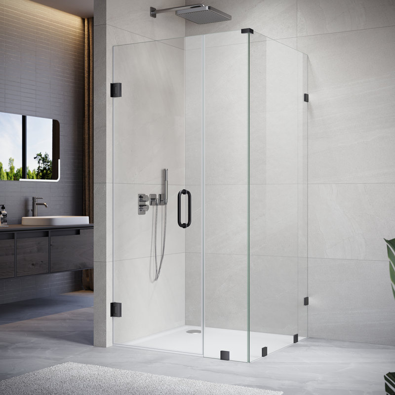 UKH07 39-1/8 to 40 in. W X 34 in. D X 80 in. H Frameless Hinged Shower Door in Matte Black with EnduroShield 3/8 in. Clear Glass with 26 in. Door Panel
