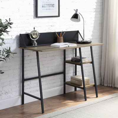 Rustic Oak And Black 2-Shelf Writing Desk With H-Shaped Base