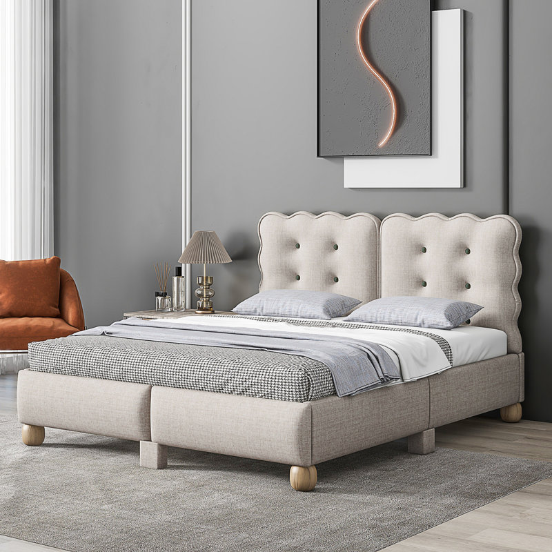 Lit plateforme tapissier Angelise, Beige, Grand
