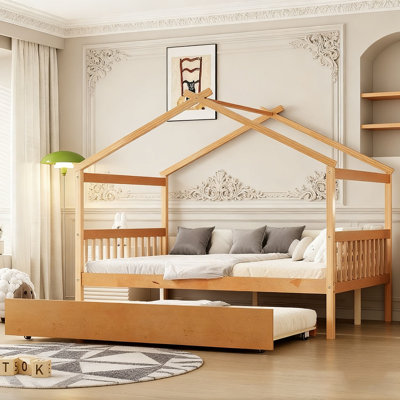 Wooden House Bed with Twin Size Trundle