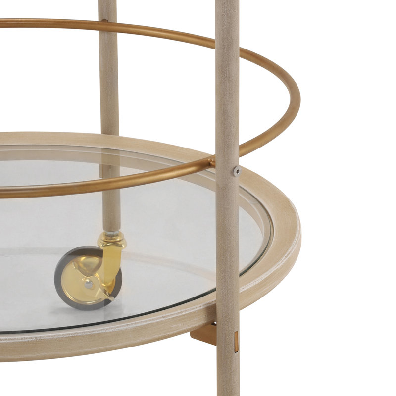 Chariot-bar rond avec tablettes en verre trempé et accents dorés, finition blanc vieilli, Blanc ancien