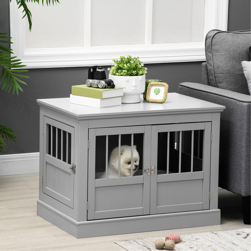 Small Dog Crate, With Solid Construction, Grey Wooden Kennel As End Table, For Dogs,