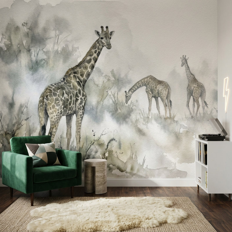 Papier peint aquarelle girafes brumeuses, 100 po x 96 po, Textured Non-Pasted