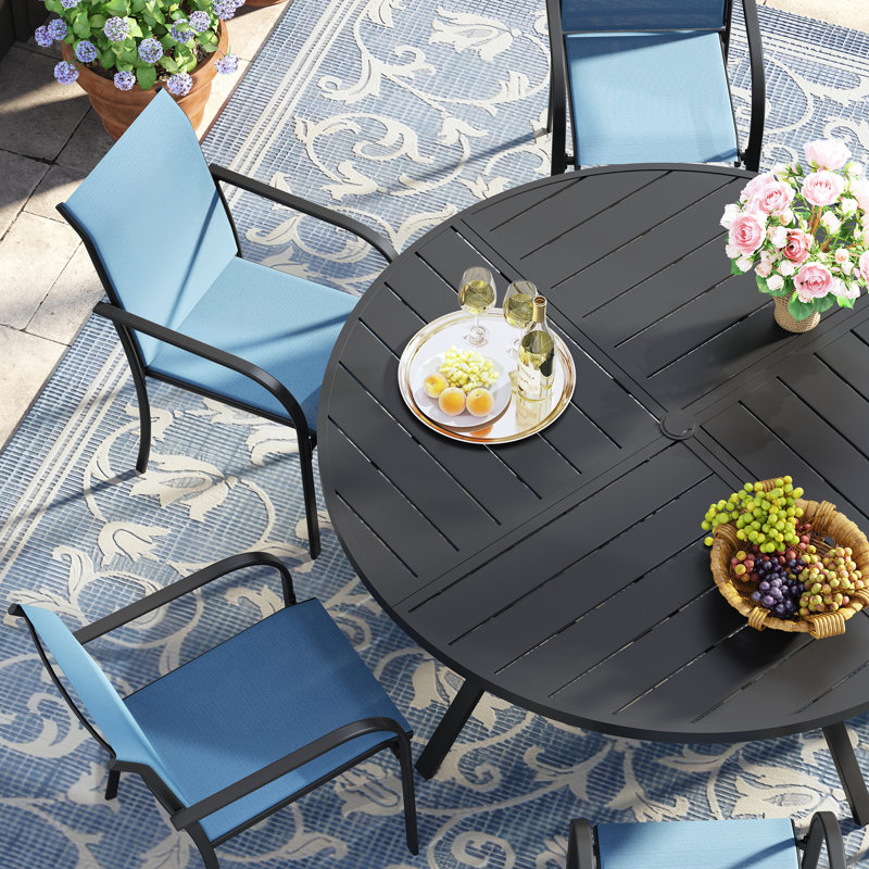 7-Pieces Round Patio Dining Set With Stackable PVC-coated polyester Chairs, Black/Blue