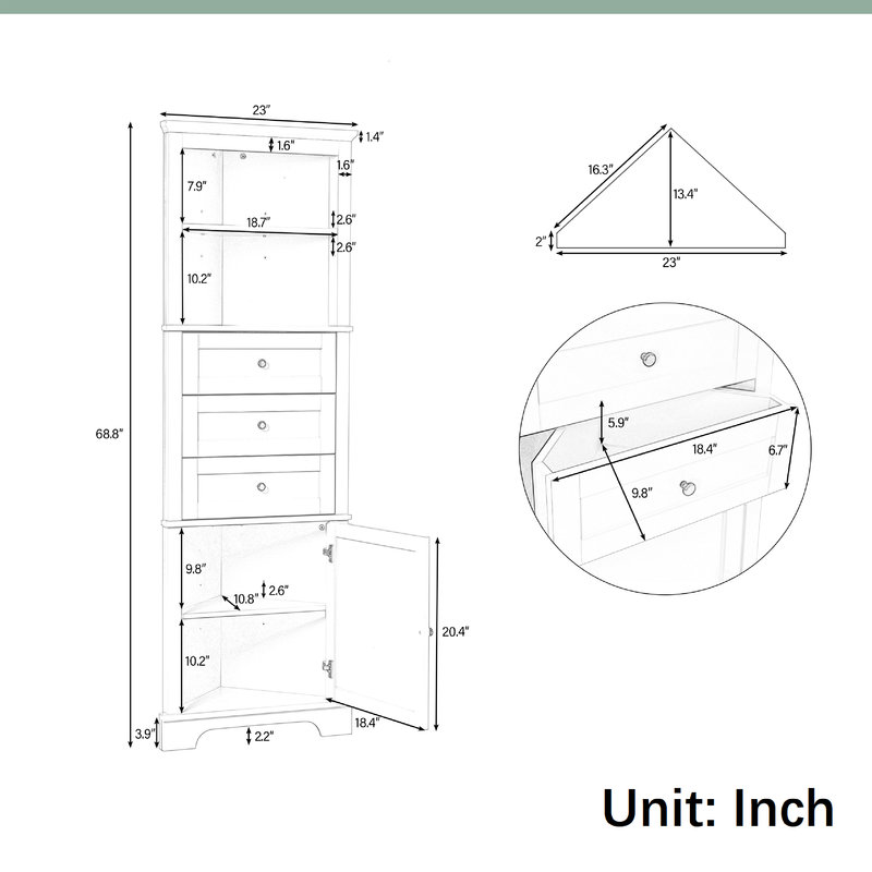 68.8" Corner Design Bathroom Storage Cabinet, Tipover Restraint Device Included, Green