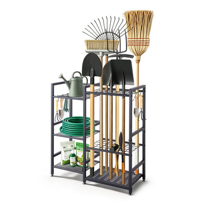 Garden Tool Organizer with Guard Rail, 3-Tier Metal Storage Rack, for Rakes/Shovels/Brooms, Yard Utility Holder for Garage/Shed/Outdoor/Lawn Organization, Heavy-Duty Steel, with Hooks, Black