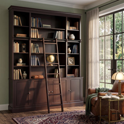 78" W x 102.4" H Large Library Cabinet with Rolling Ladder, 5-Tier Open Shelves & 4-Door Storage, Dark Brown