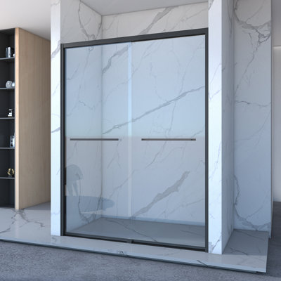 Porte de douche coulissante double en aluminium de 56 à 60 po x 70 po, porte de salle de bain coulissante de contournement avec verre trempé transparent de qualité supérieure 5/16 po (8 mm), cabine de douche coulissante en verre noir, finition noir mat