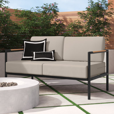 Annegriet Aluminum Frame Loveseat with Teak Arm Accents and Plush Cushions by Wade Logan