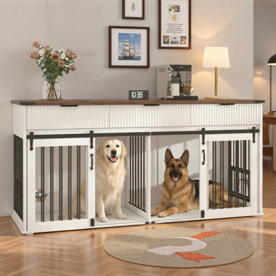 Double Dog Crate With Sliding Door Lock Groove, 3 Fluted Drawers And Waterproof Woodgrain Tabletop, Type-c Power Outlet & Rotating Feeders