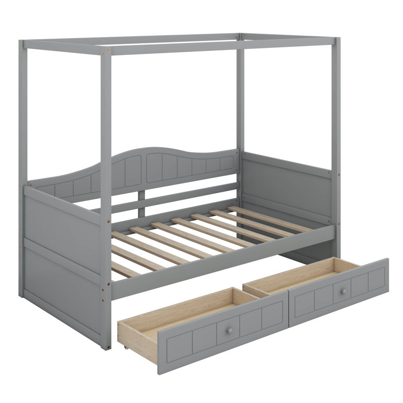 Twin Size Canopy Bed With 2 Drawers, Wooden Daybed Frame, Sofa Bed, Platform Bed Frame For Kids, Teens, Adults, Gray