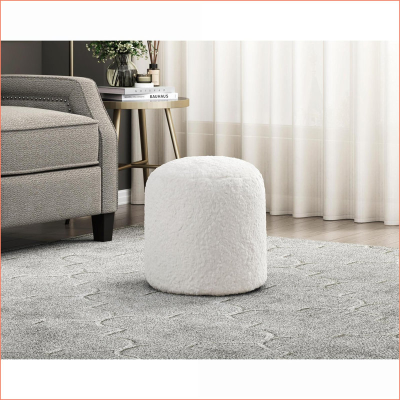 Ottoman Modern Off-White Faux Fur Footstool Non-Slip Pouf | Off-White | Fake Fur, White Faux Fur