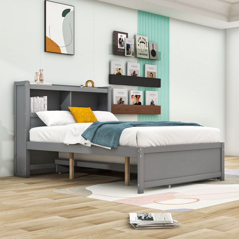 Lit plateforme 3 tiroirs avec lit gigogne simple et tête de lit avec prises USB, Gris