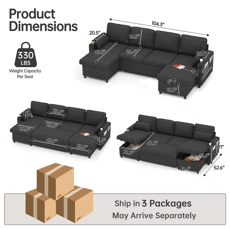Canapé-lit en U escamotable 2 en 1 avec charge USB, chaise de rangement, porte-gobelet pour appartement, salon, Gris