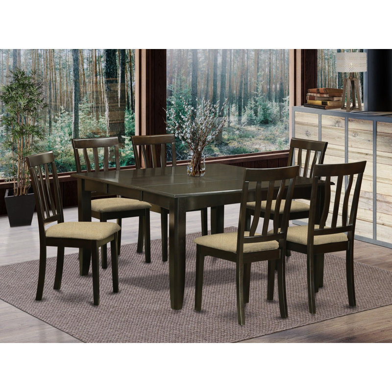 7 Piece Dining Room Table Set Consist of a Square Wooden Table with Butterfly Leaf and 6 Linen Fabric Kitchen Dining Chairs, Cappuccino