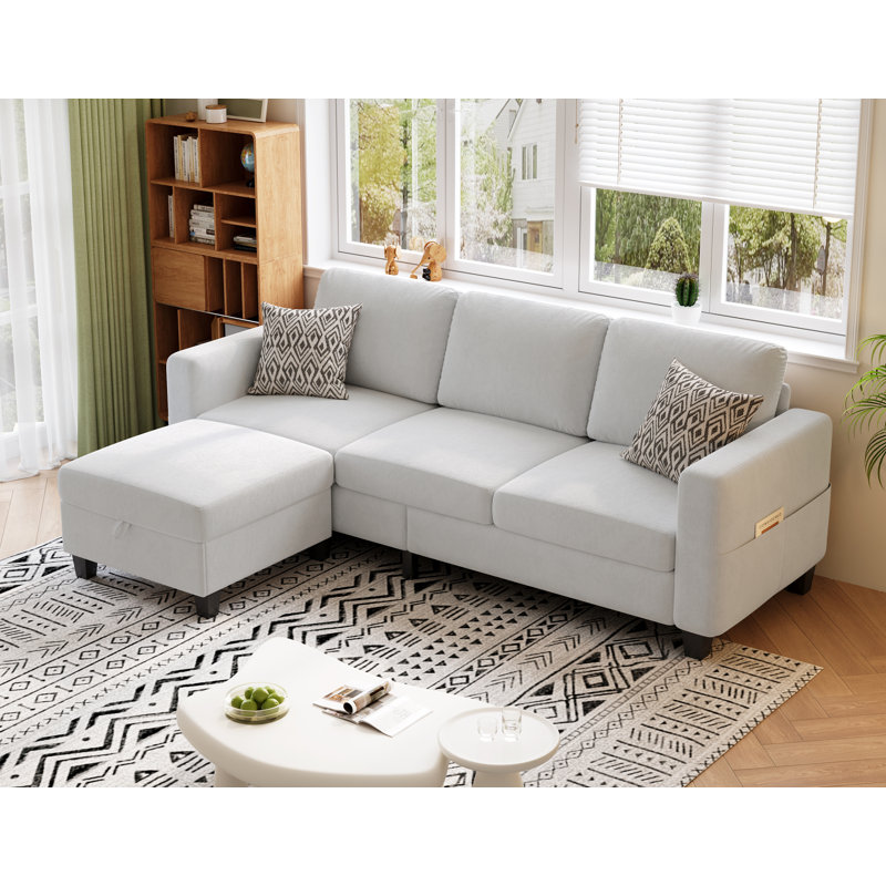 78'' Upholstered Sofa Couch With Movable Ottoman, White