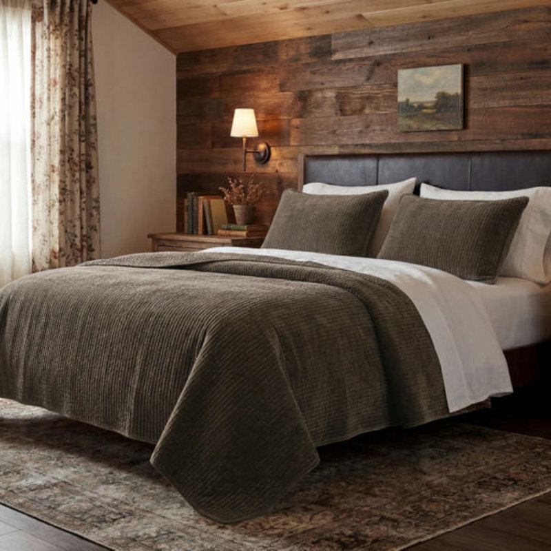 Ensemble de courtepointe rustique en velours de coton Stonewashed, Courtepointe pour lit simple + 1 taie décorative , Cacao