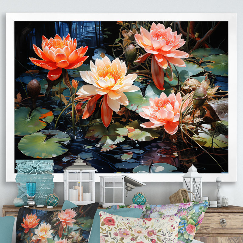 «China Art Koi Pond» - reproduction d'art, Cadre simple blanc, H 16 po x l 32 po x P 1 po