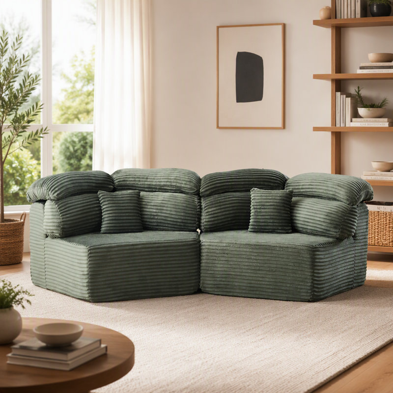 Fauteuil lounge modulaire pentagonal avec coussins enveloppants, L 68 po, Velours côtelé vert
