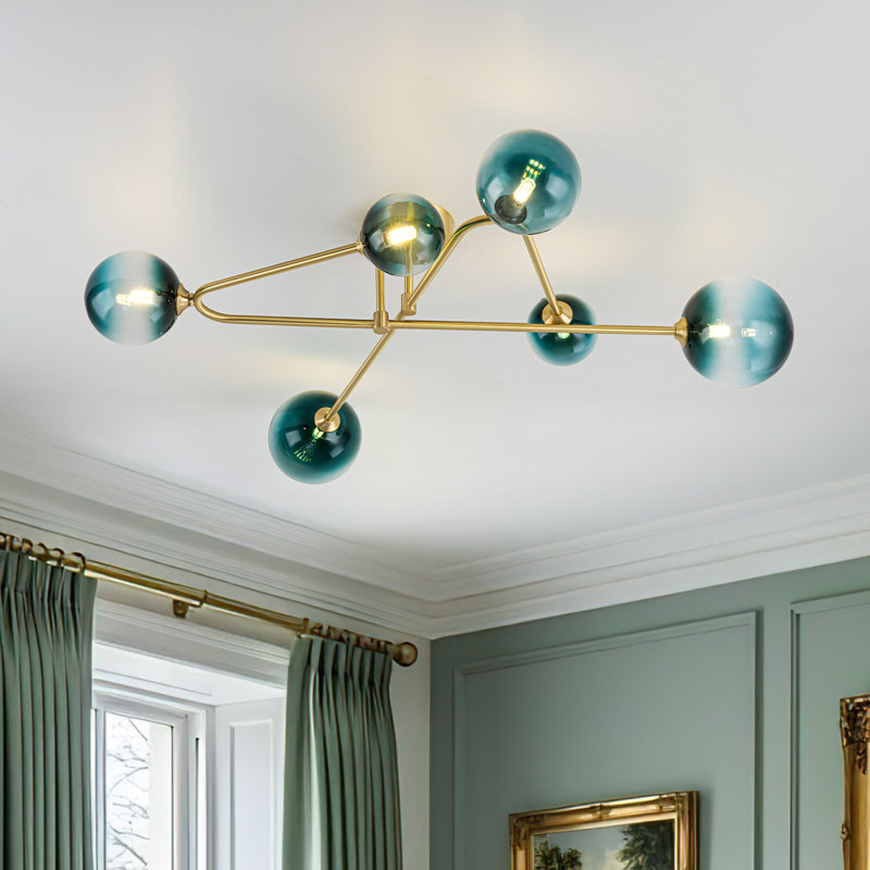 Antinique 6-Light 86cm Modern Copper Glass Globe Sputnik Semi Flush Mount, Brass, Blue