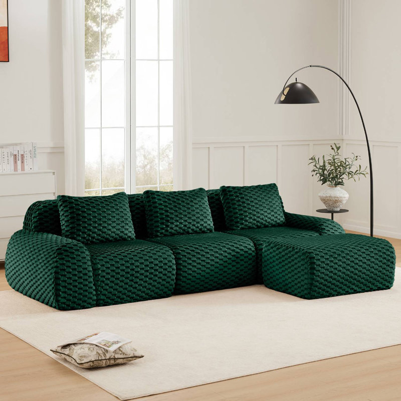 114" Flannel L-Shaped Modular Sectional With Ottoman, Green Fabric