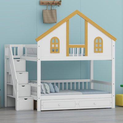 Elevated Bunk Bed Featuring Window Door and Integrated Storage
