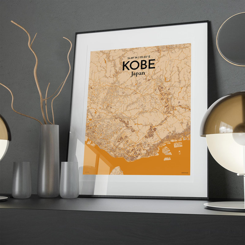 Kobe City Map, impression, H 20 po x l 16 po, Orange / or pâle