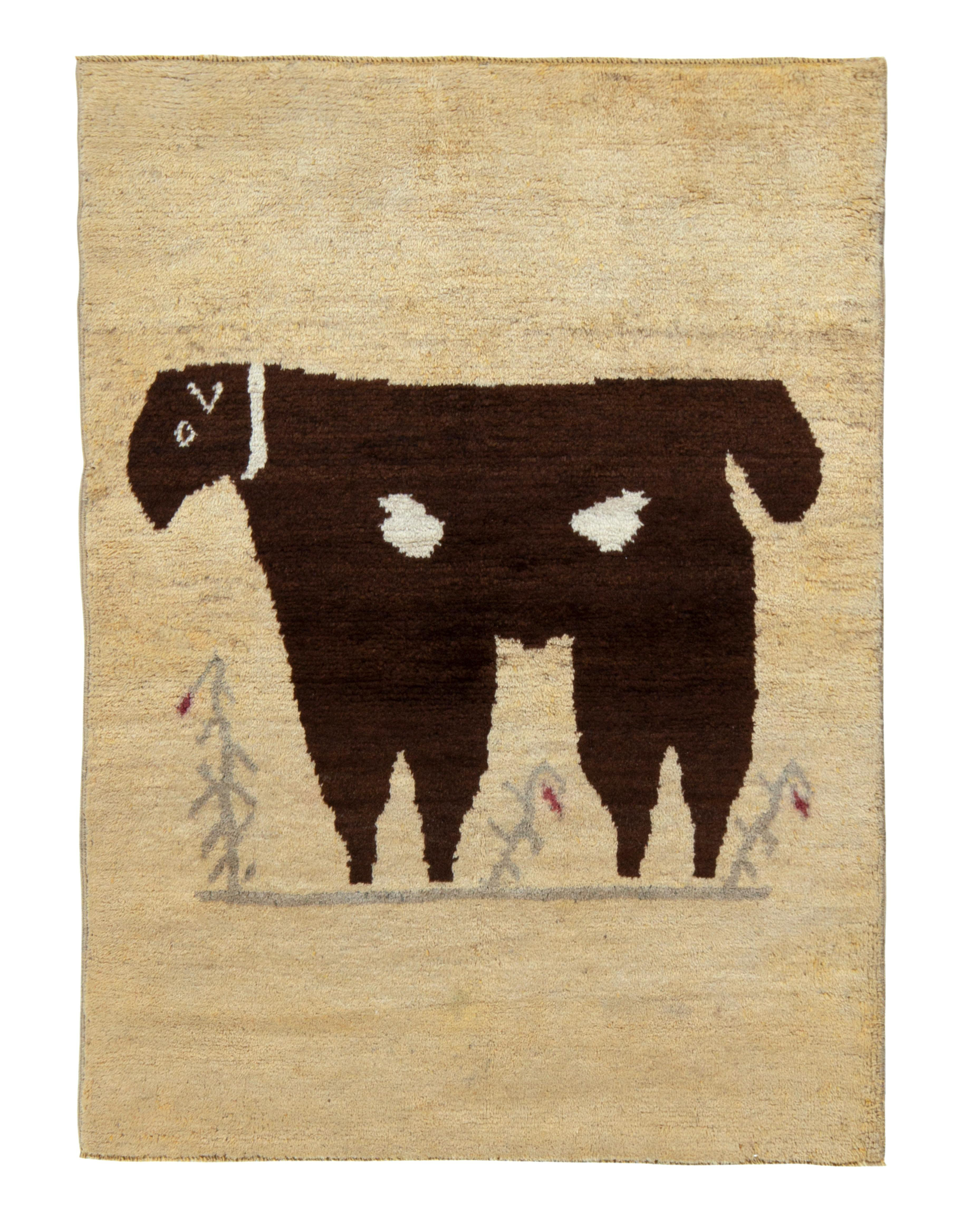 Rug & Kilim Hand-Knotted 1950s Vintage Pictorial Rug, Beige/Brown/Gray ...