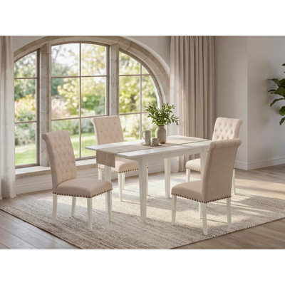 5 Piece Dining Table Set Includes a Rectangle Dining Room Table with Butterfly Leaf and 4 Light Beige Linen Fabric Parsons Chairs, Linen White