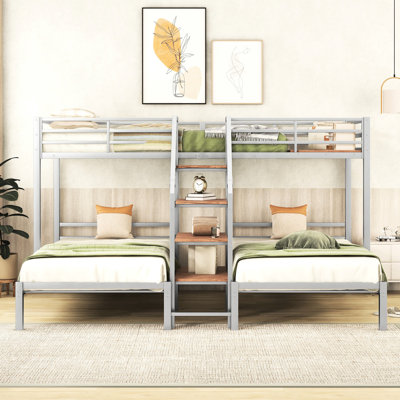 Lit simple superposé en métal, escalier et rangement argentés - Brilliance de chambre à coucher avec rehaussement