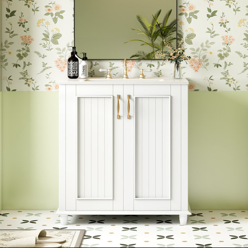 Meuble-lavabo de 30 po avec lavabo en céramique, ensemble de meuble-lavabo autoportant avec tiroir caché, armoire de rangement pour la salle de bain