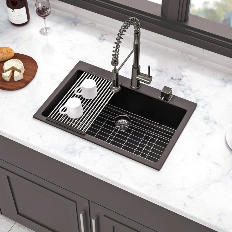 Évier de cuisine en quartz - Évier de cuisine encastré en granite noir 33 x 22 po