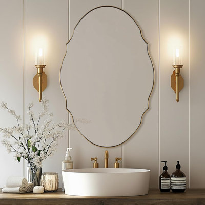 Contemporary Oval Scalloped Wall Mirror Irregular Bathroom Vanity Mirror | Stainless Steel Frame