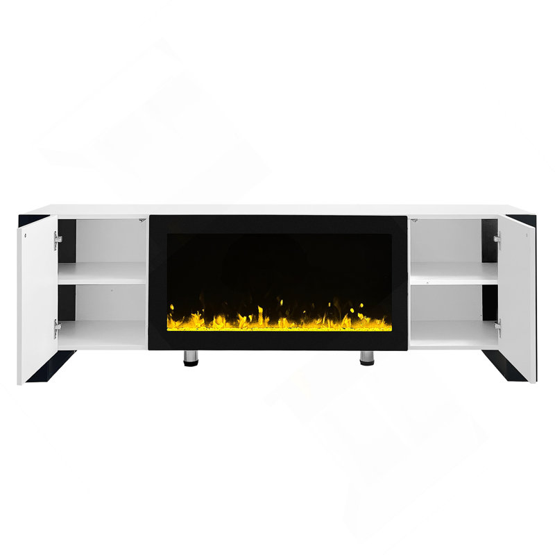 Meuble télé moderne avec foyer électrique non chauffant 34,2 po ON-TREND, centre de divertissement ultrabrillant avec 2 armoires, console multimédia pour téléviseur de 78 po ou moins, blanc